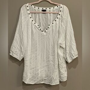 Bohemian white top, shimmer , plus size , eye hole embellishment, light weight